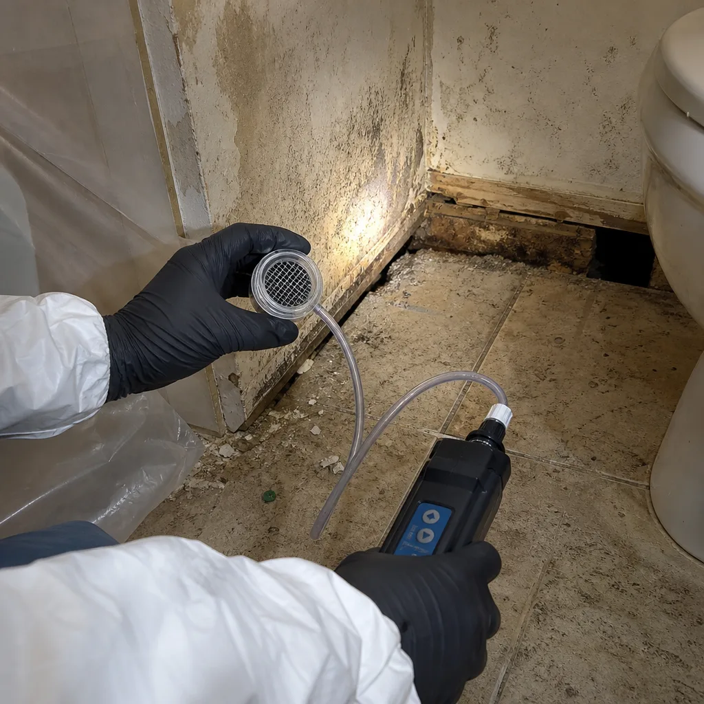 Professional technician performing indoor air quality mold testing with air pump