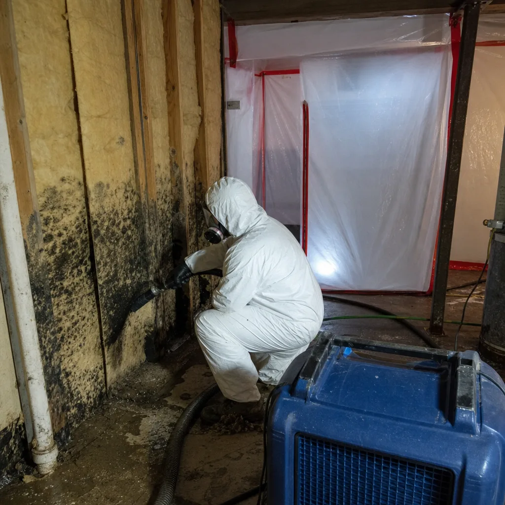 Professional in hazmat suit performing expert mold remediation on damaged wall.