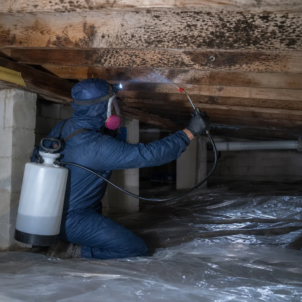 Technician in protective suit performing professional mold remediation in crawl space