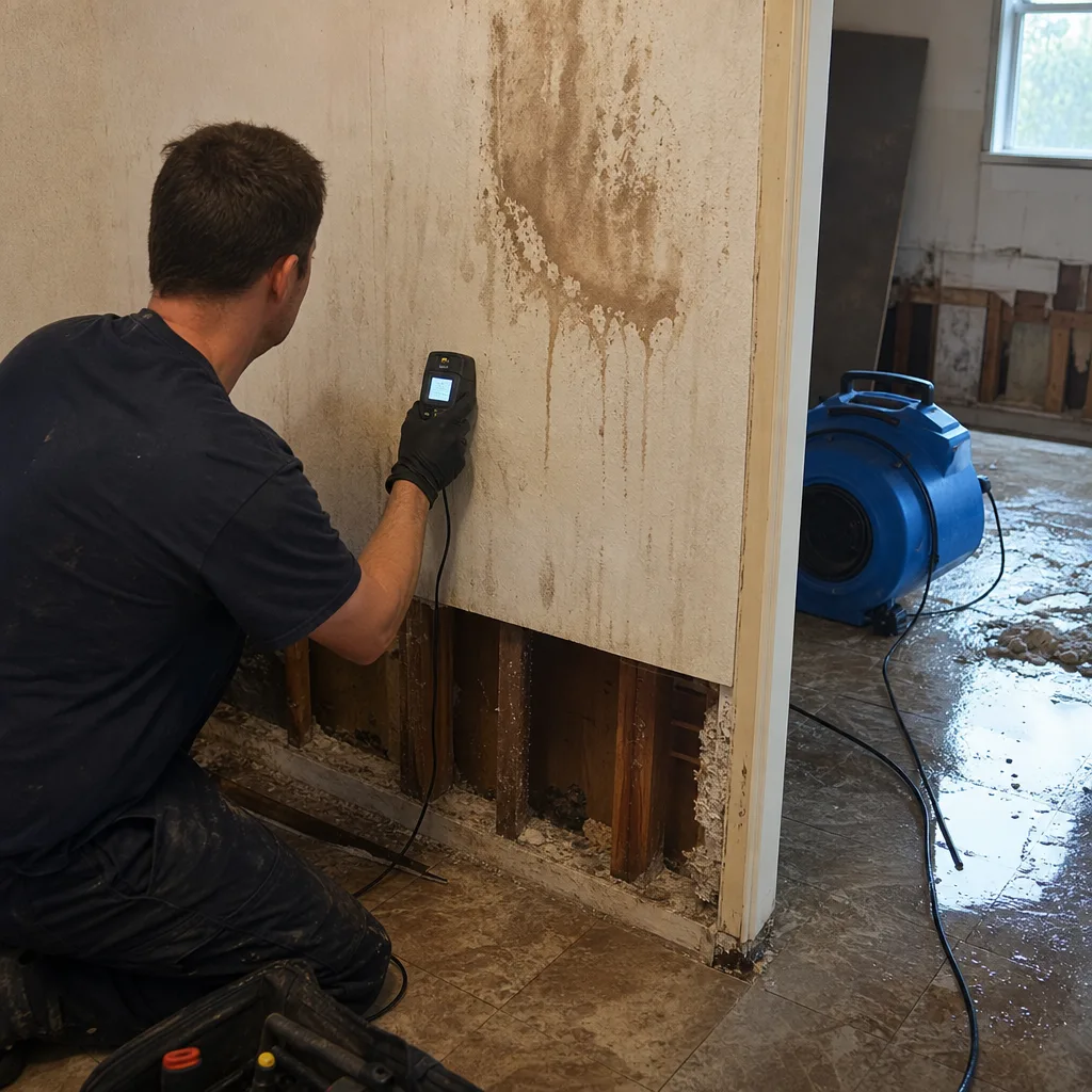 Technician checking water damage on a wall with a moisture meter