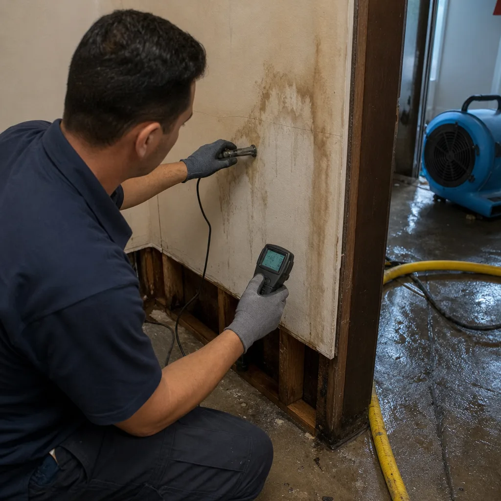 Technician using moisture meter on water damaged wall during restoration