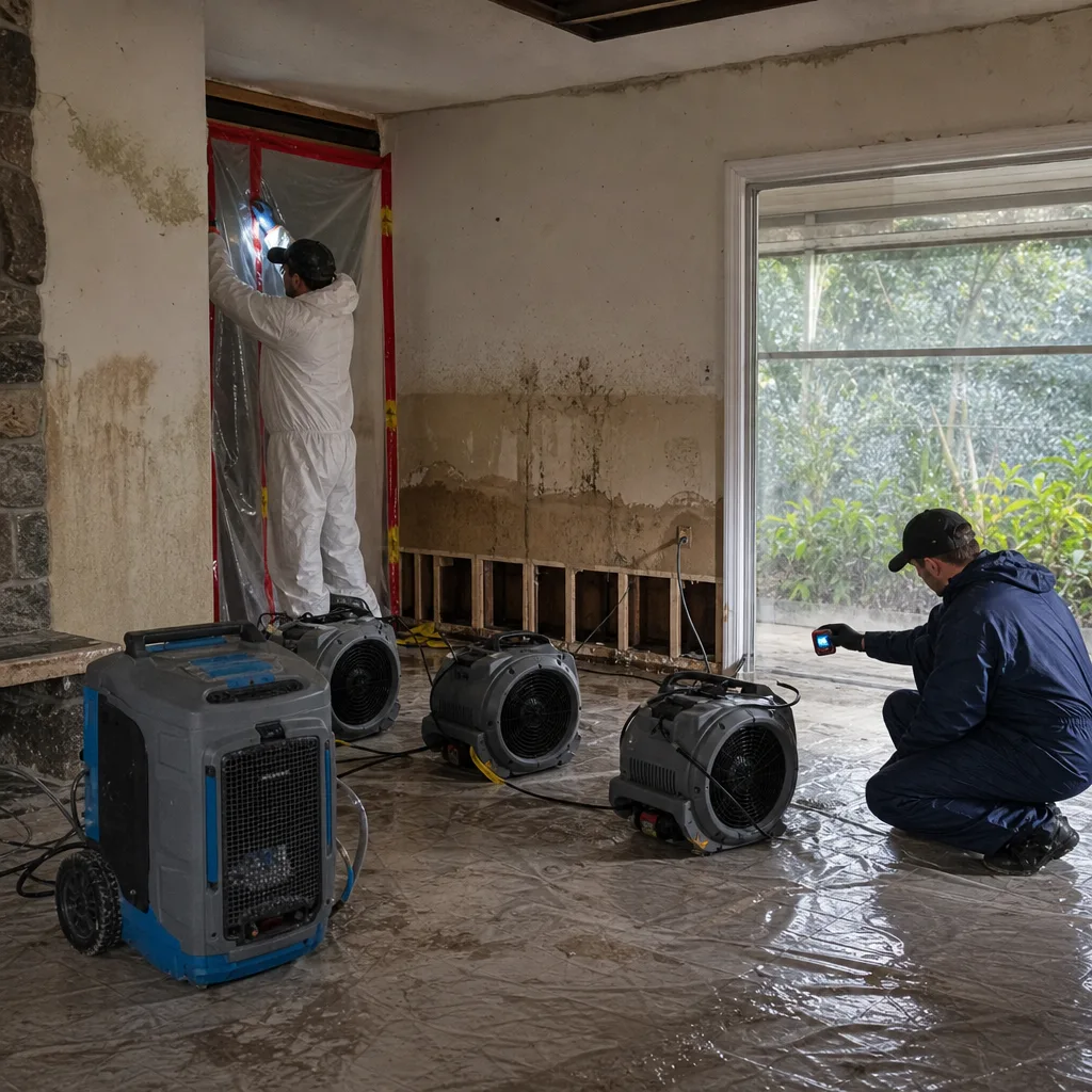 Technicians performing professional storm damage restoration using industrial fans